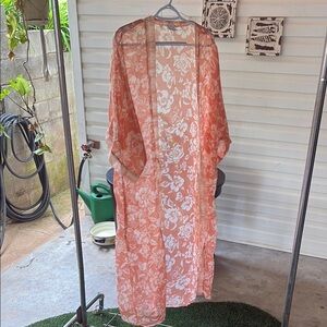 Floral Sheer Kimono in Coral and White